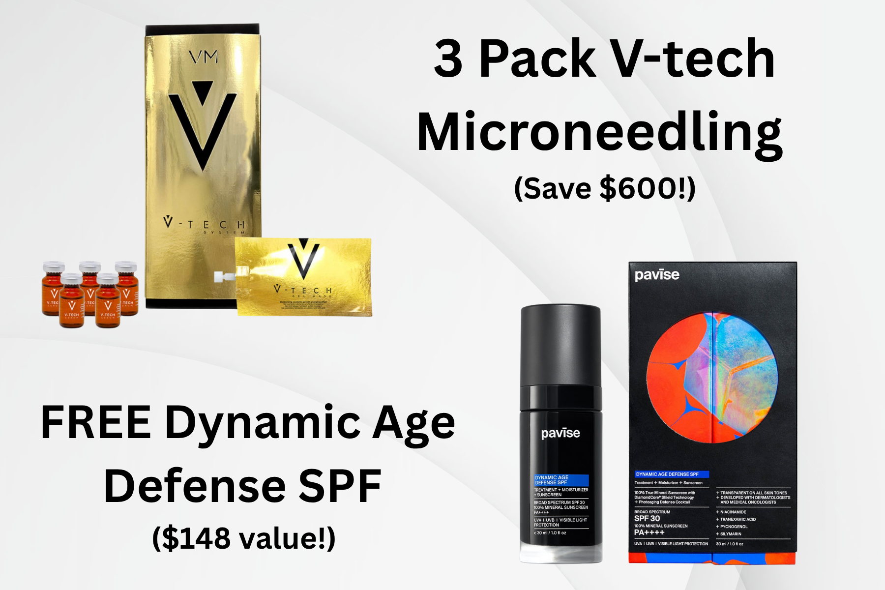 <p>The Vtech system is the FIRST ultra-intensive exosomes treatment with PDRN (salmon sperm DNA) AND vegetable stem cells, taking microneedling to the next level by amplifying skin rejuvenation and repair. Exosomes boost collagen production and accelerate healing through cell-to-cell communication, while PDRN enhances tissue regeneration and reduces inflammation. Plant stem cells provide powerful antioxidants to protect and revitalize the skin. This advanced combination promotes smoother texture, improved elasticity, and a radiant, youthful glow, delivering transformative results with minimal downtime.</p><p><strong>BONUS: FREE Full-Size Pavise Dynamic Age Defense SPF </strong><br>(Package expires 12/31/25)</p>
