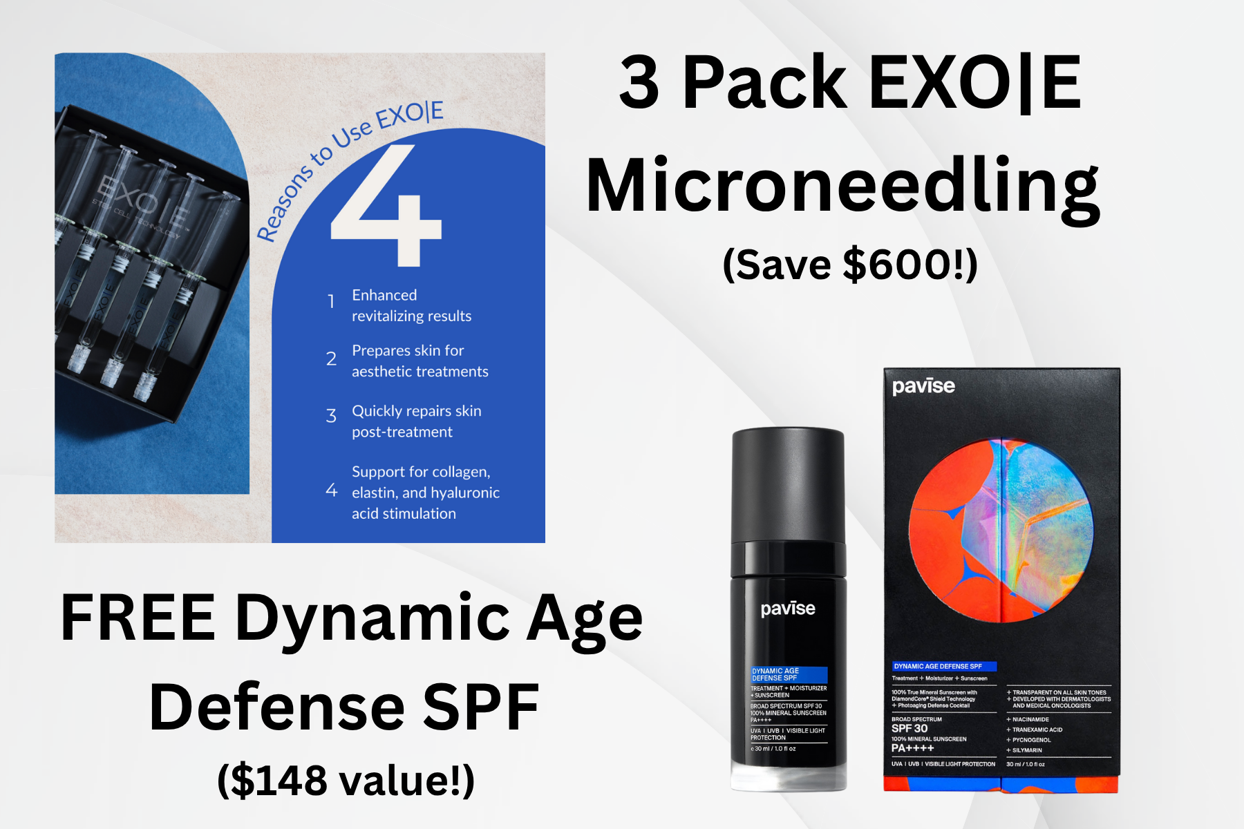 <p>EXO|E is a regenerative, all-natural, vegan, plant stem cell serum, containing healing ingredients such as liposomes, peptides, and anti-inflammatory factors.</p><p><strong>BONUS: FREE Full-Size Pavise Dynamic Age Defense SPF</strong><br>(Package expires 12/31/25)</p>