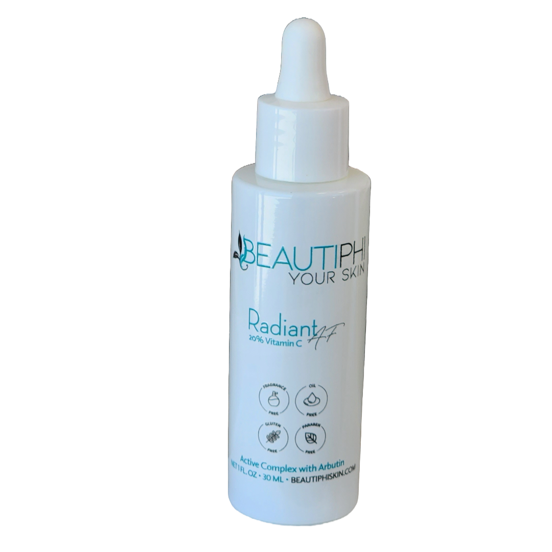 <p>Vitamin C serum is an essential staple in any skin care routine. Vitamin C protects against free radical damage and blocks blue light (HEV) from the sun, LED lights and screens. Recent studies demonstrate unprotected exposure to blue light can contribute to premature aging and pigmentation. <br><br>Radiant AF brightening drops contain 20% Vitamin C in an active vitamin C complex to support healthy collagen production. <br><br>Composed of 5 types of vitamin C blended with arbutin botanicals, Radiant AF protects and brightens the complexion. It has a time-released antioxidant delivery system perfect for every skin type including sensitive and acne-prone skin. <br><br>Fragrance-free, paraben-free, oil-free, gluten-free, non-comedogenic and hypoallergenic. <br><br>Apply 1-2 drops in the AM after cleansing skin. Bottle contains enough to last roughly 3-4 months. </p>