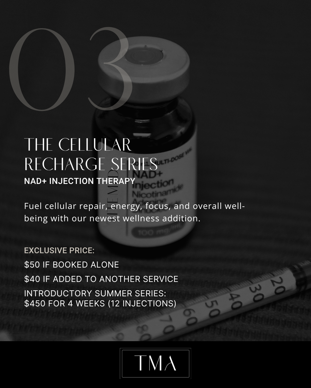 <p>At HOME NAD+ INJECTION THERAPY<br><br>Fuel cellular repair, energy, focus, and overall well-being with our newest wellness addition.<br></p>