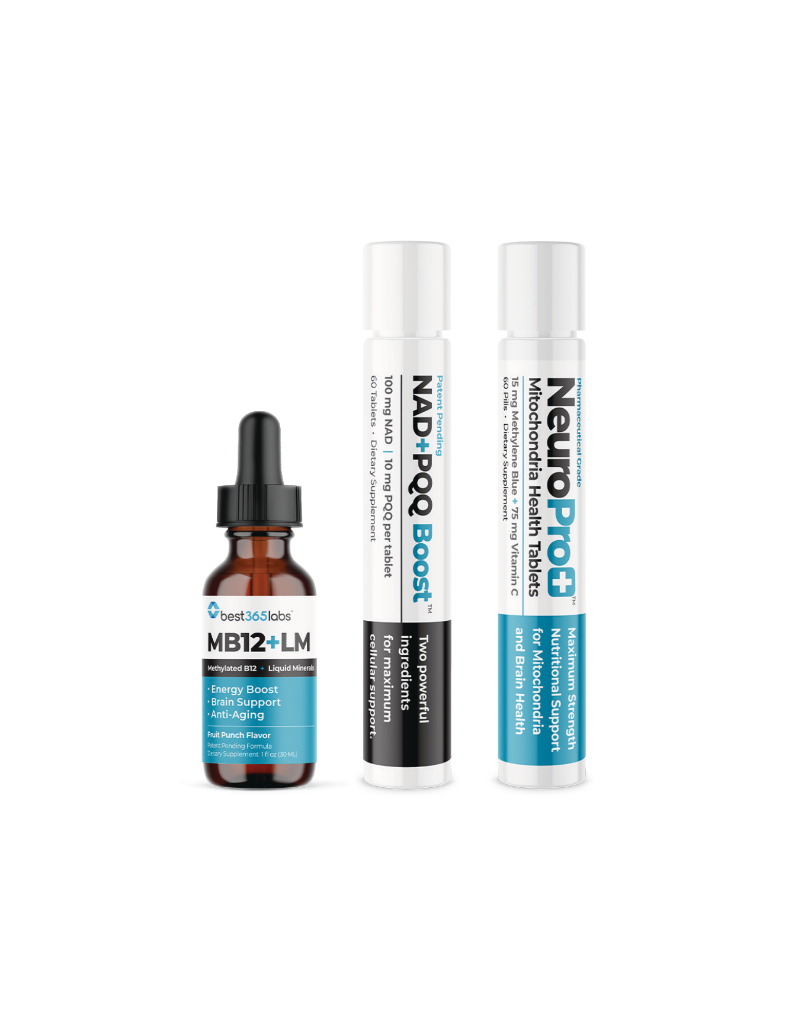 <p>NAD, PQQ. Recharges cells, builds new mitochondria, supports longevity.</p>